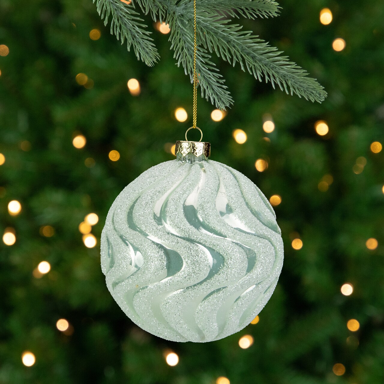 Northlight Glittered Swirls Christmas Glass Ball Ornament - 4" - Mint Green